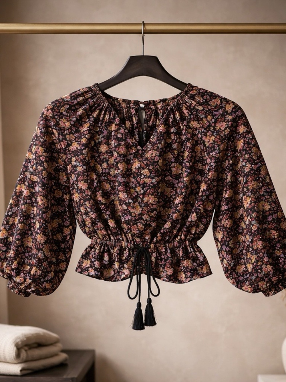 Anthropologie Black Floral Drawstring Peasant Blouse